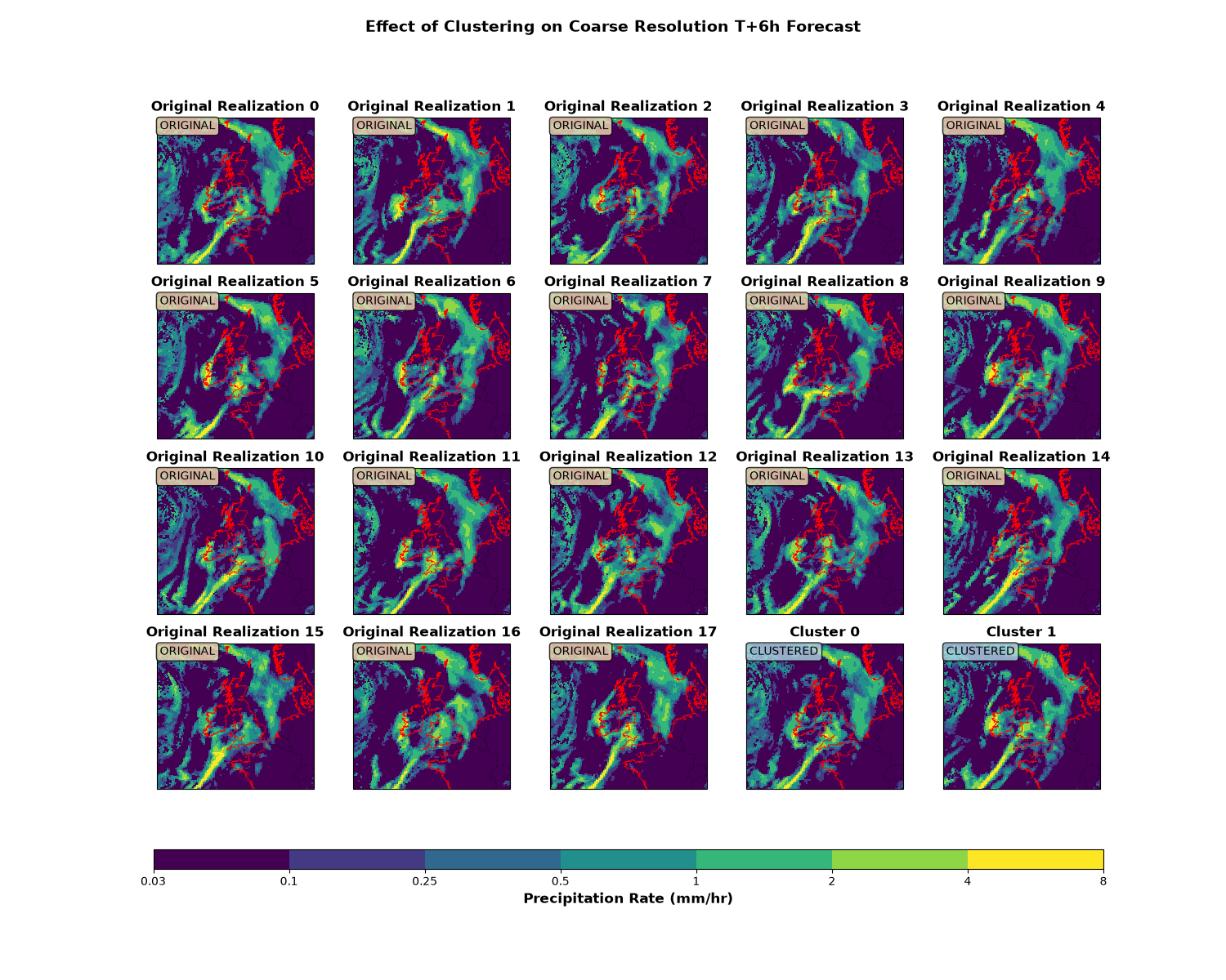 Effect of Clustering on Coarse Resolution T+6h Forecast, Original Realization 0, Original Realization 1, Original Realization 2, Original Realization 3, Original Realization 4, Original Realization 5, Original Realization 6, Original Realization 7, Original Realization 8, Original Realization 9, Original Realization 10, Original Realization 11, Original Realization 12, Original Realization 13, Original Realization 14, Original Realization 15, Original Realization 16, Original Realization 17, Cluster 0, Cluster 1